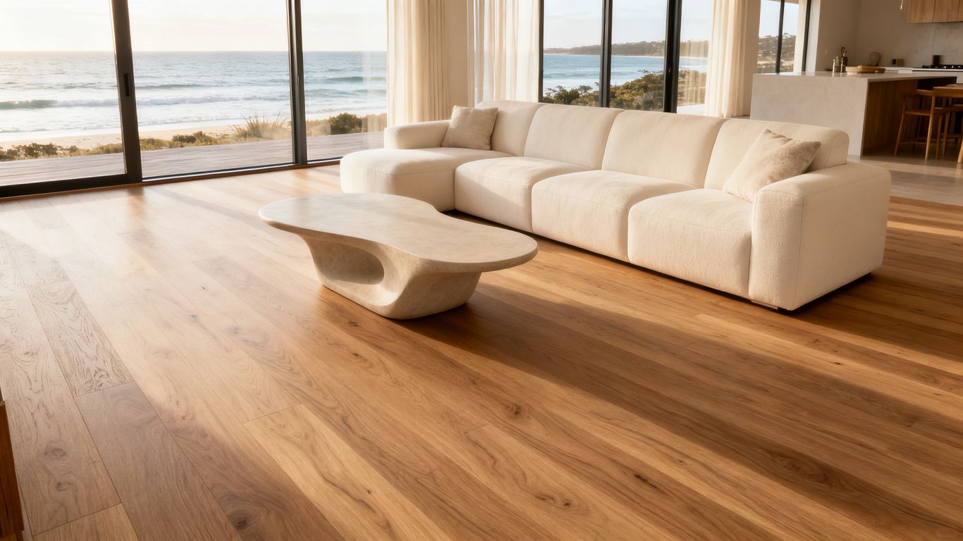 Wide oak engineered boards in a contemporary living room