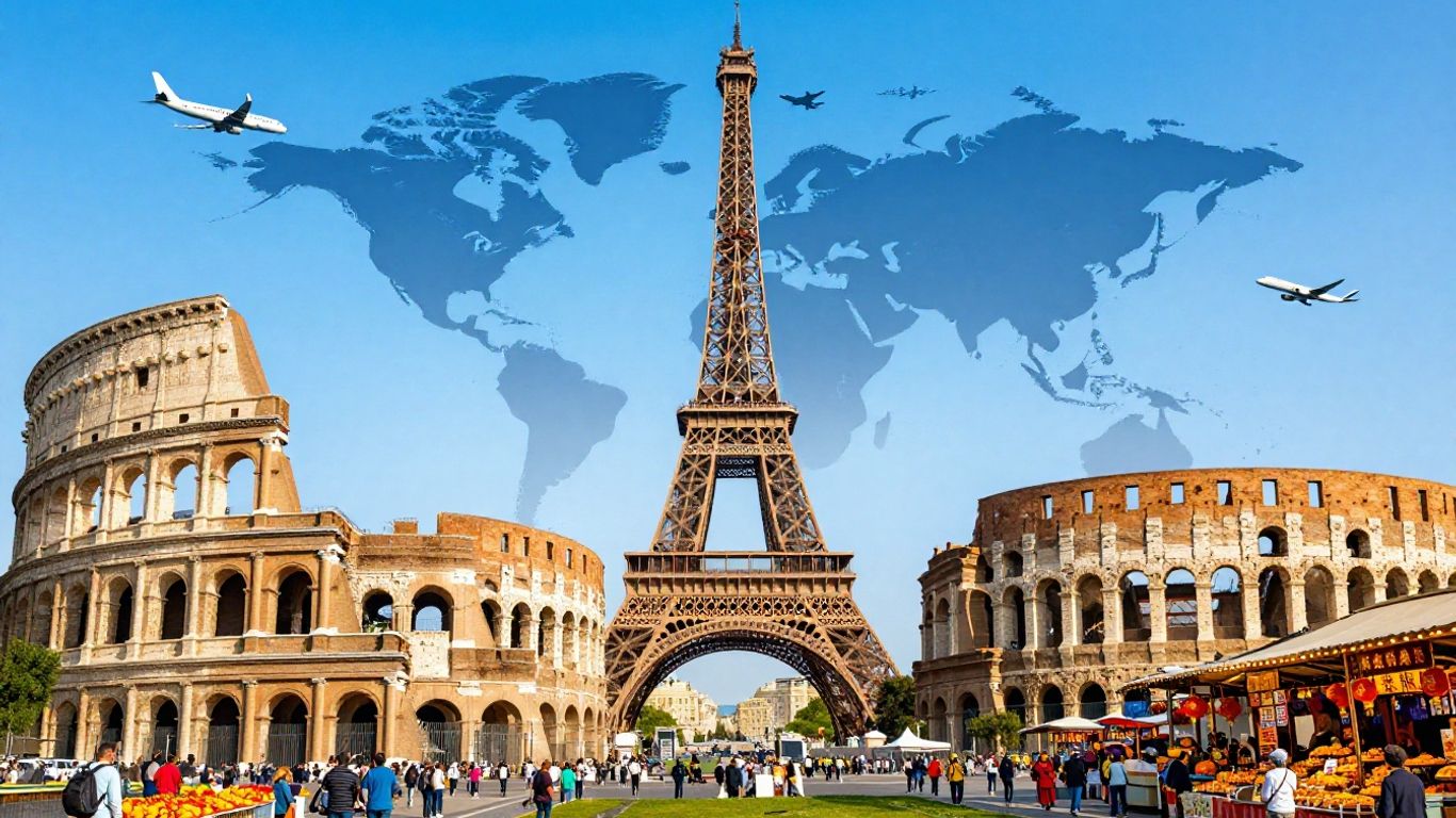 World map with airplanes flying to various landmarks.