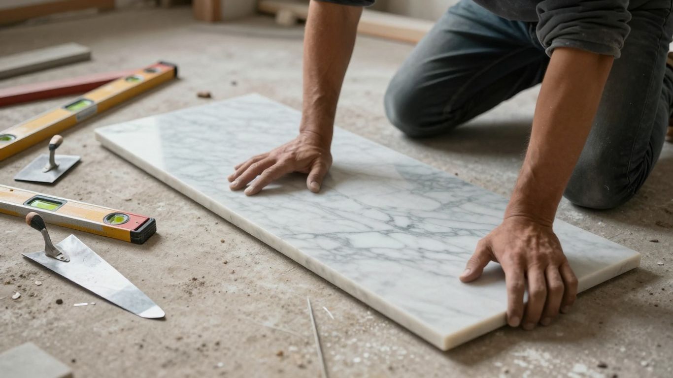 Stone mason installing marble tile on floor