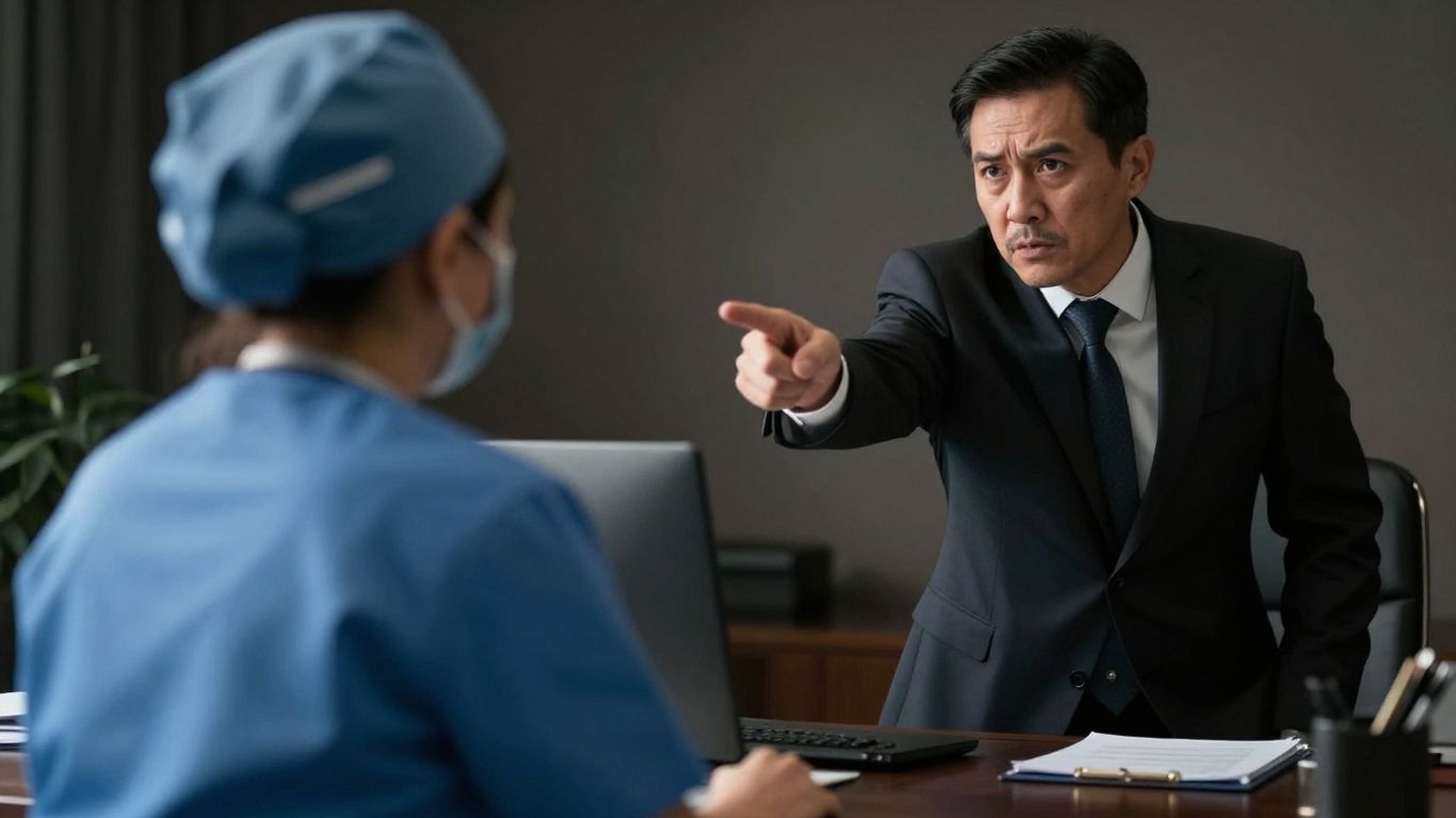 Government official points at home health worker during crackdown.