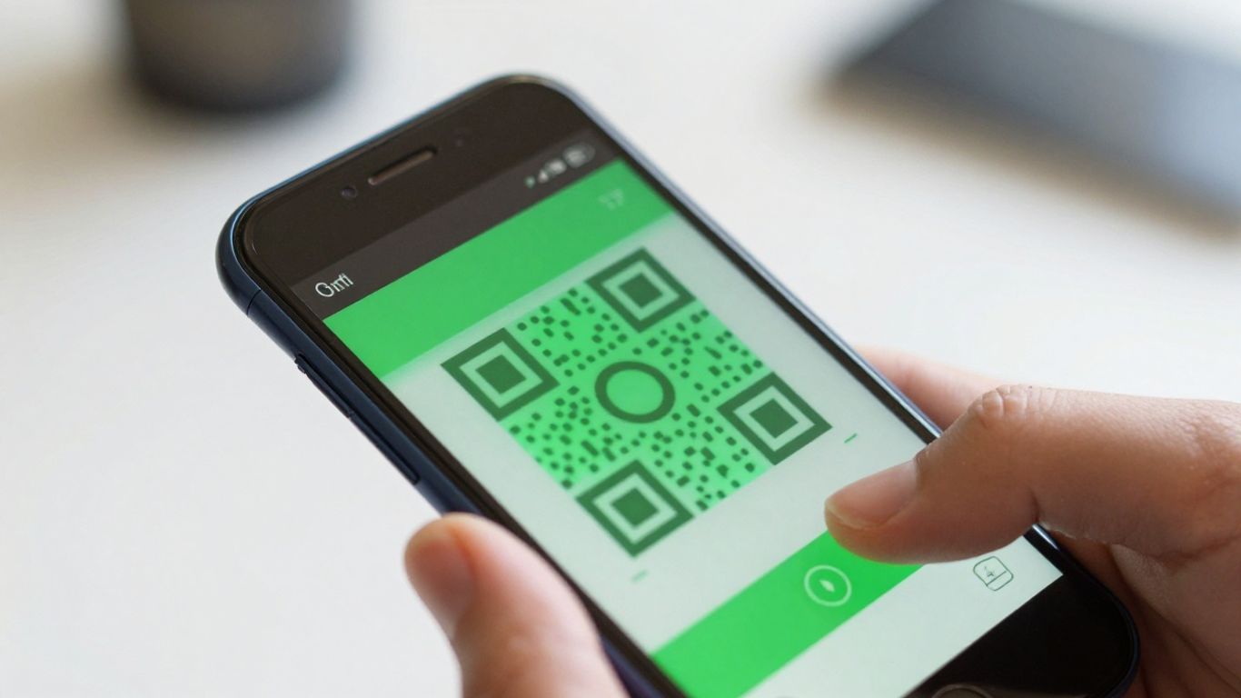 Smartphone camera scanning a QR code on its screen.