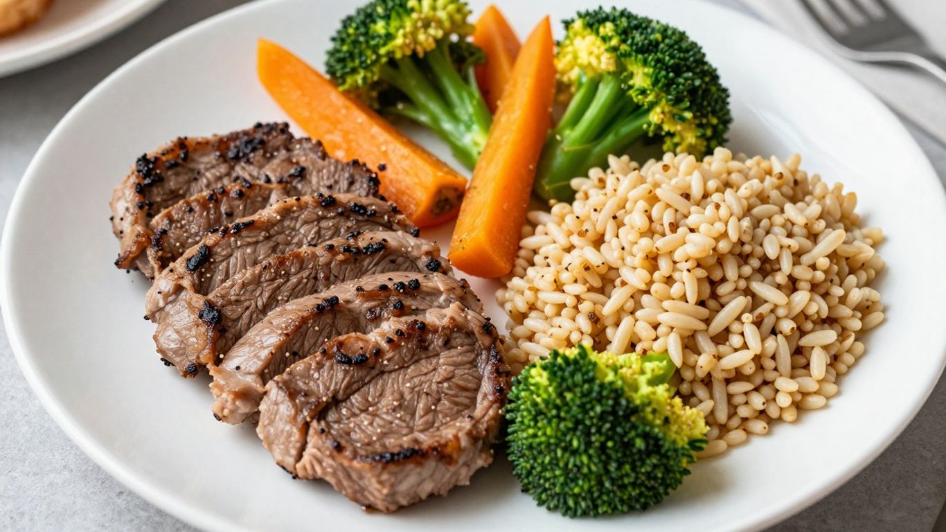 Plato con proteína, verduras y granos para nutrición equilibrada.