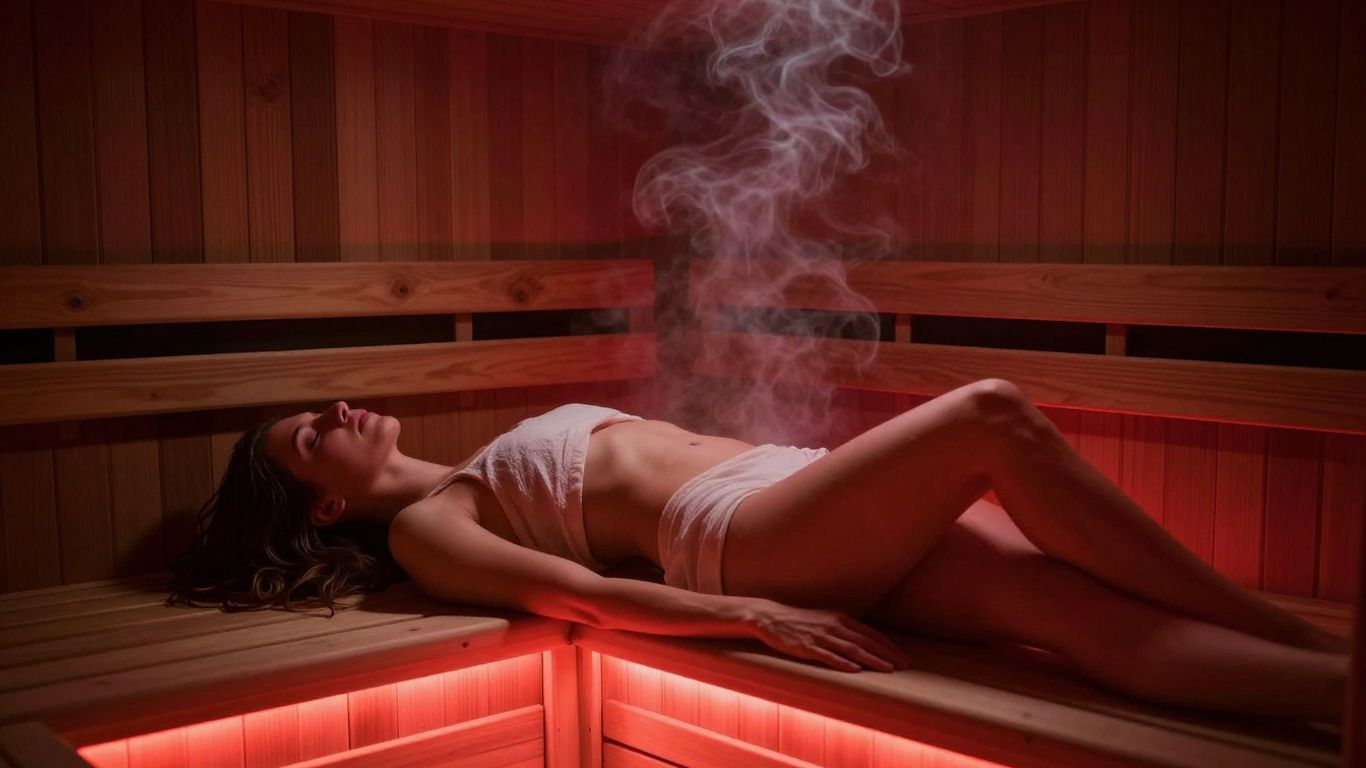 Person relaxing in a warm infrared sauna.