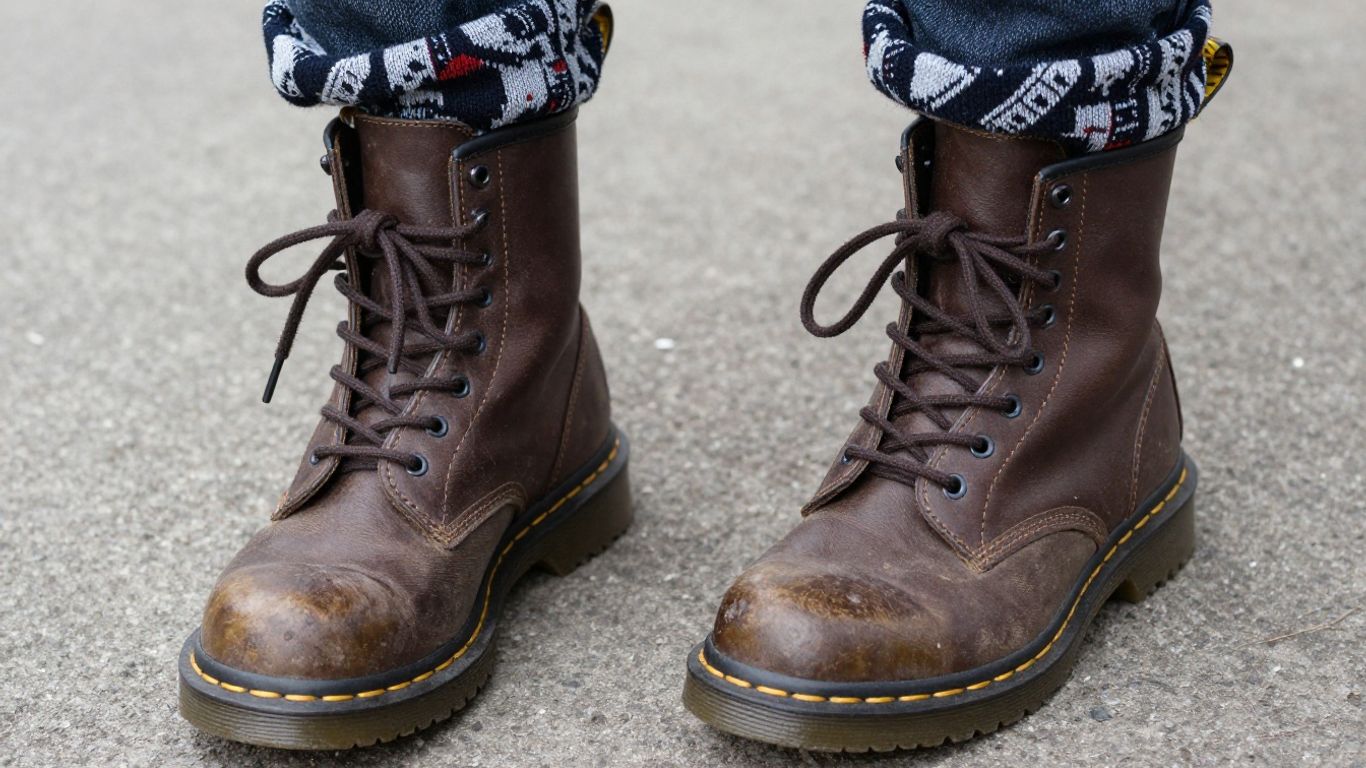 Dr. Martens boots with patterned socks peeking out.