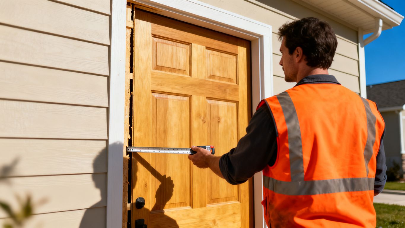 Professional installer measuring a custom door frame