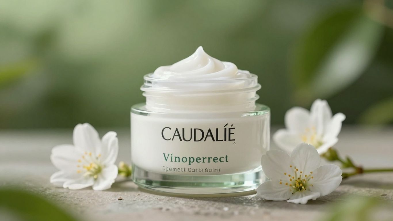 Crema Caudalie Vinoperfect con flores blancas.