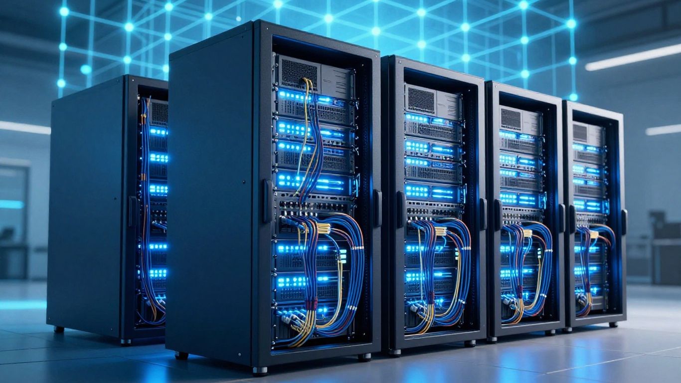 Data center with glowing microgrid energy pattern.