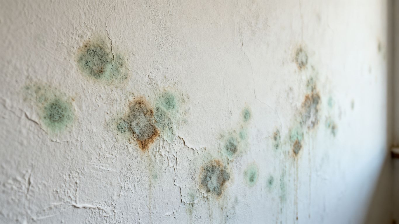 Visible mold growth on a damp plaster wall