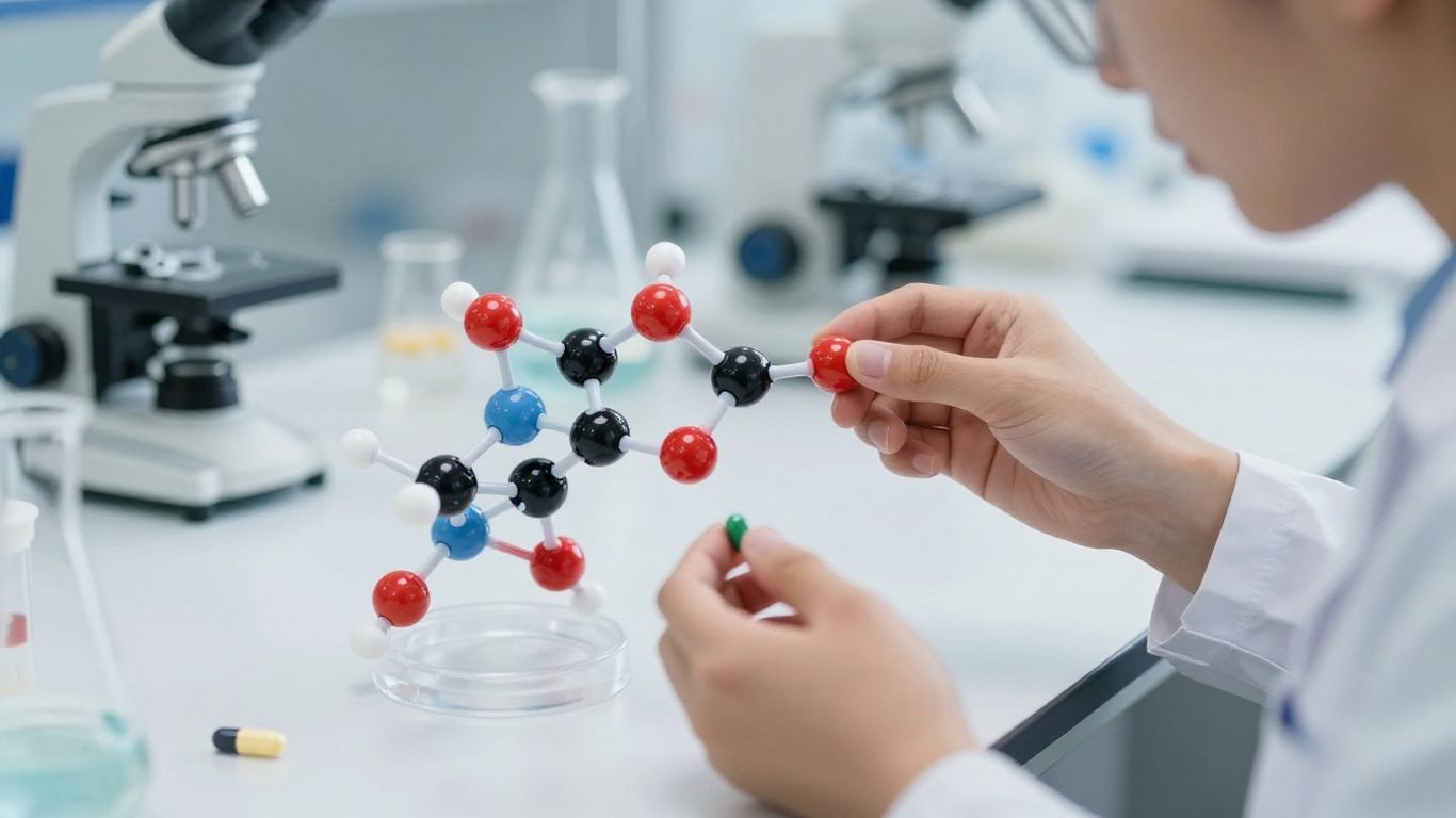 Scientist analyzing phenylpiracetam molecules and capsules in lab