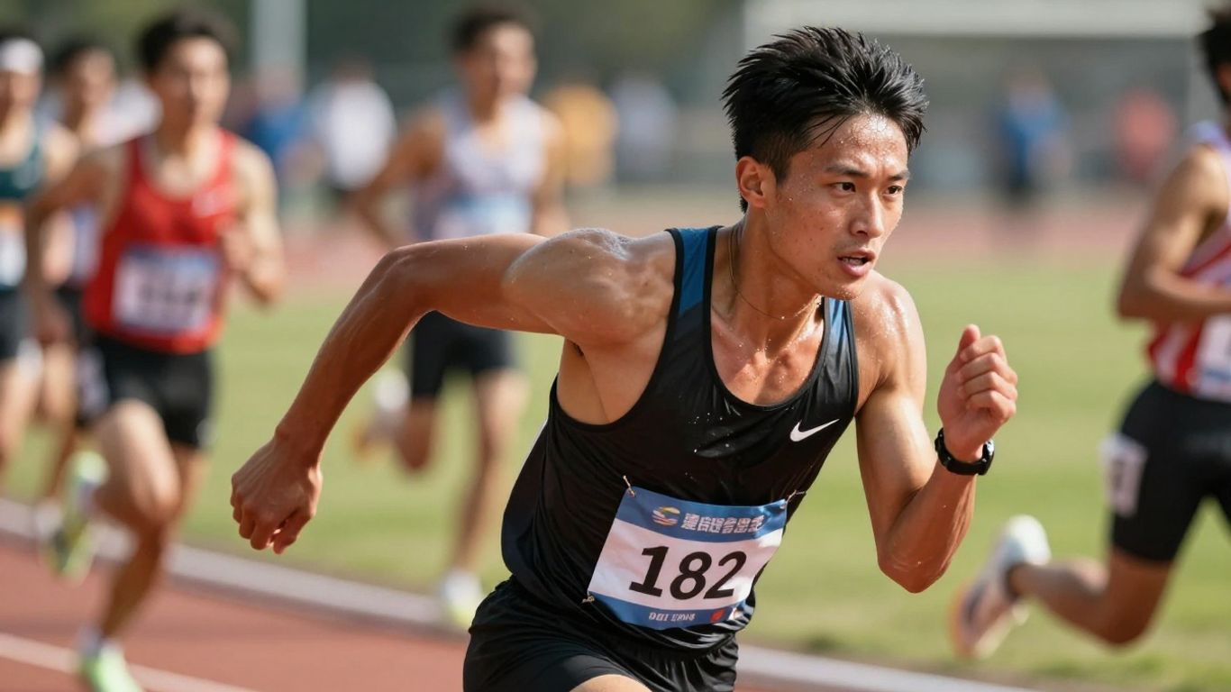 Runner sprinting towards the finish line on a track.