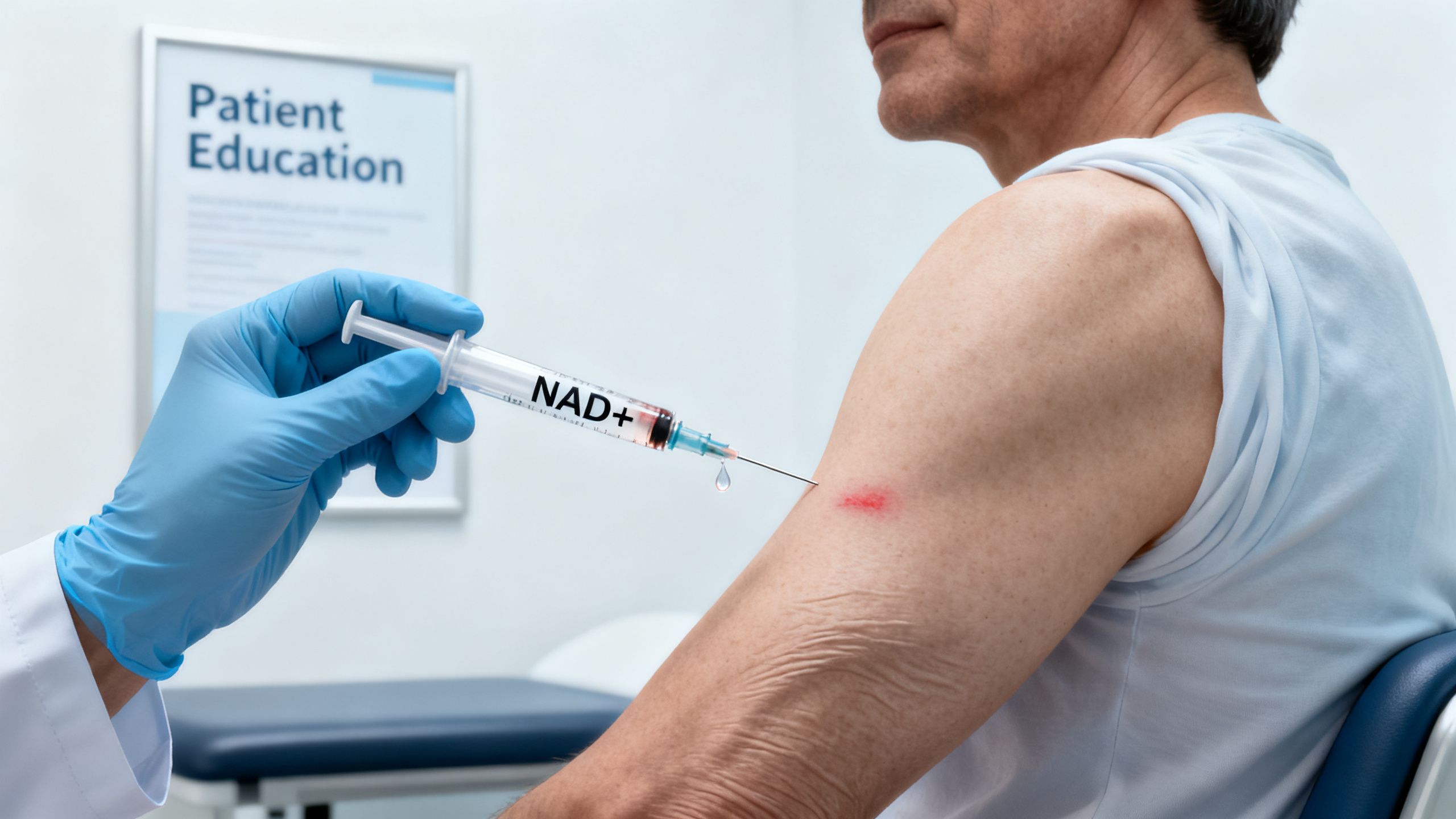 Close-up medical illustration of a healthcare provider administering a subcutaneous NAD+ injection into the upper arm, with a calm clinical setting and emphasis on realistic patient expectations