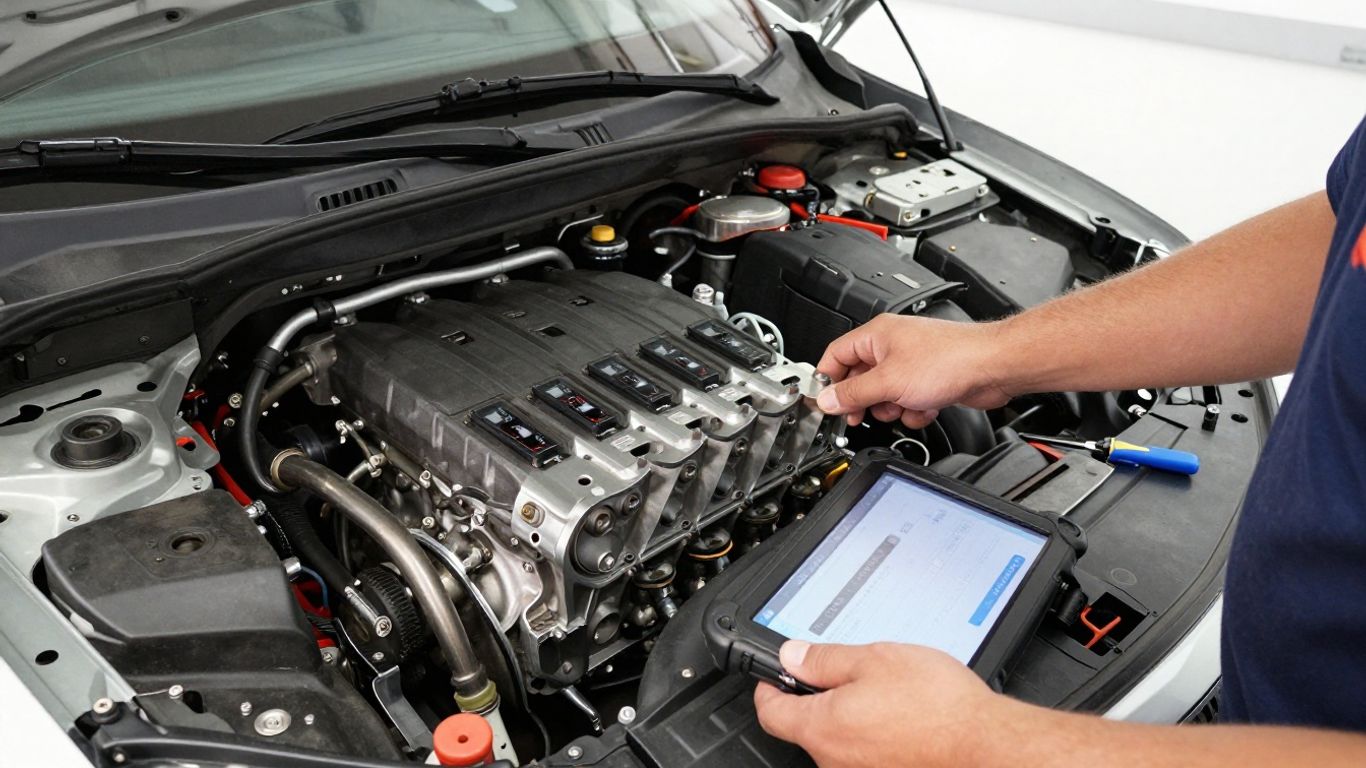 Mechanic checking a Skoda Octavia engine