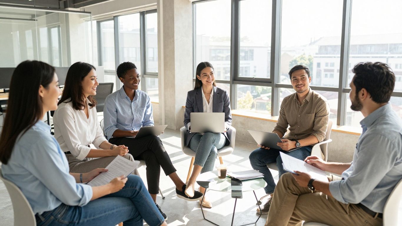 Personas trabajando juntas en una oficina moderna y luminosa.