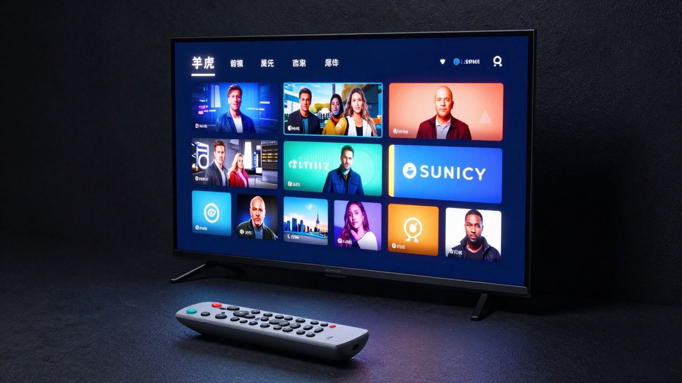 HD TV screen with channel previews and remote control.