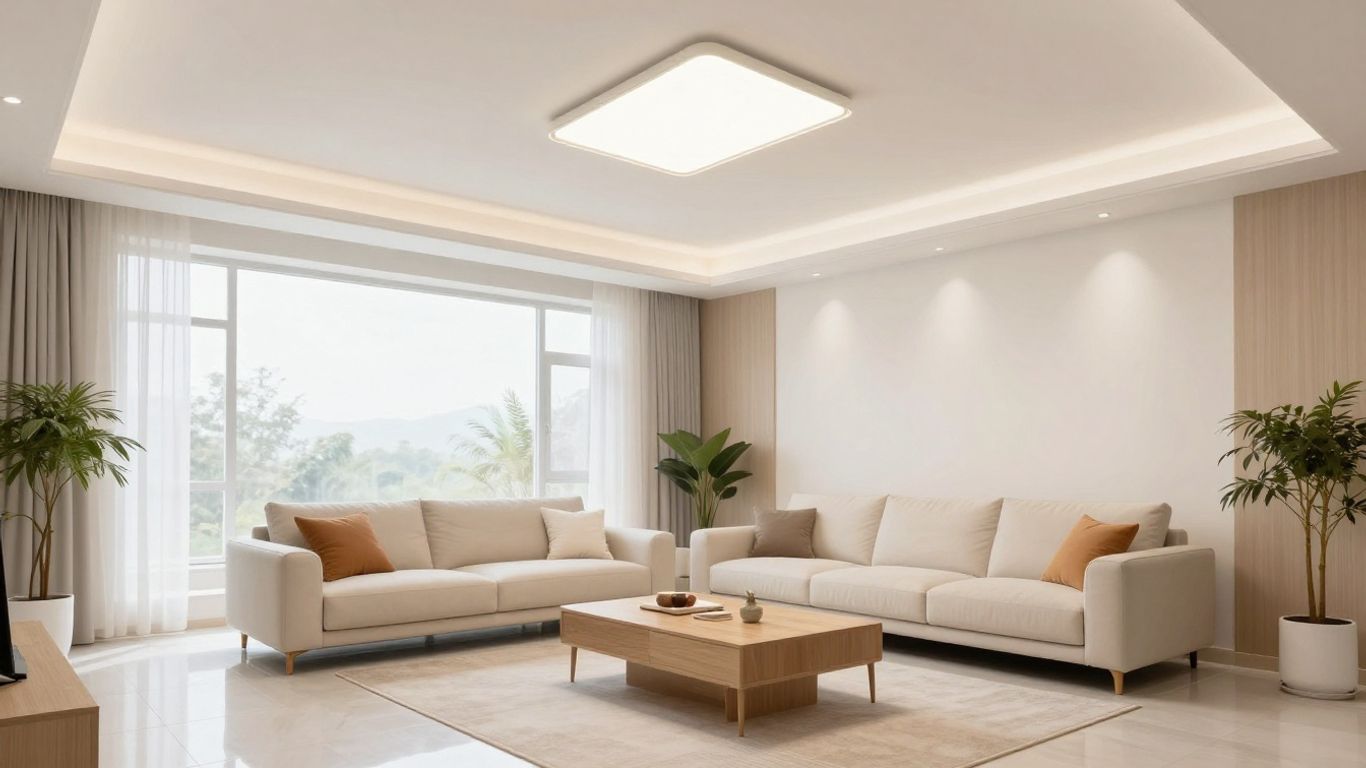 Modern living room with flush-mount light fixture for low ceilings.