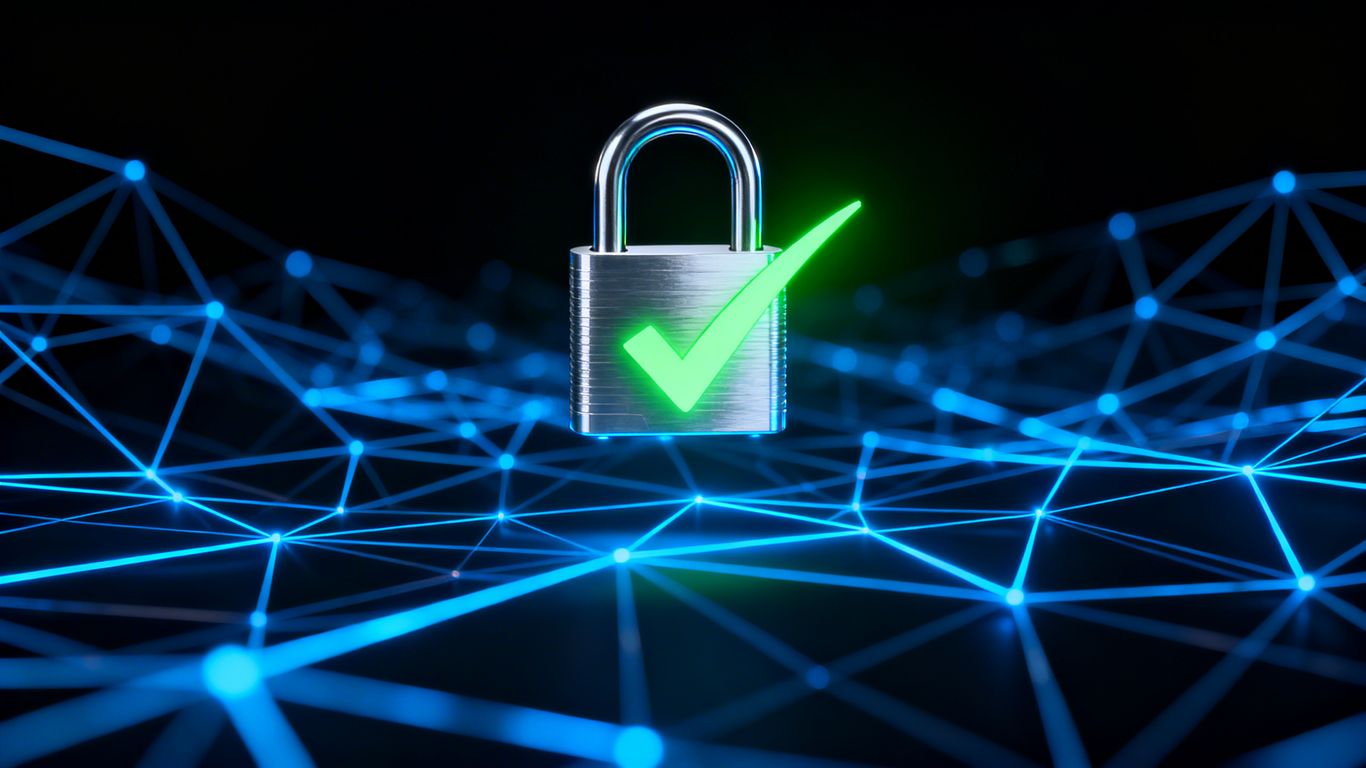 Digital padlock with verification checkmark on network background.