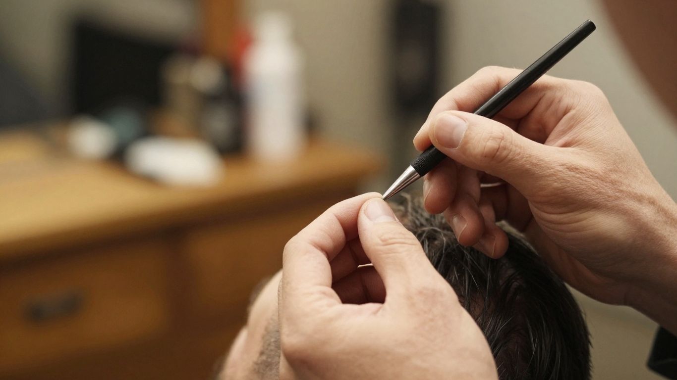 Barber applying styptic pencil to shave cut.