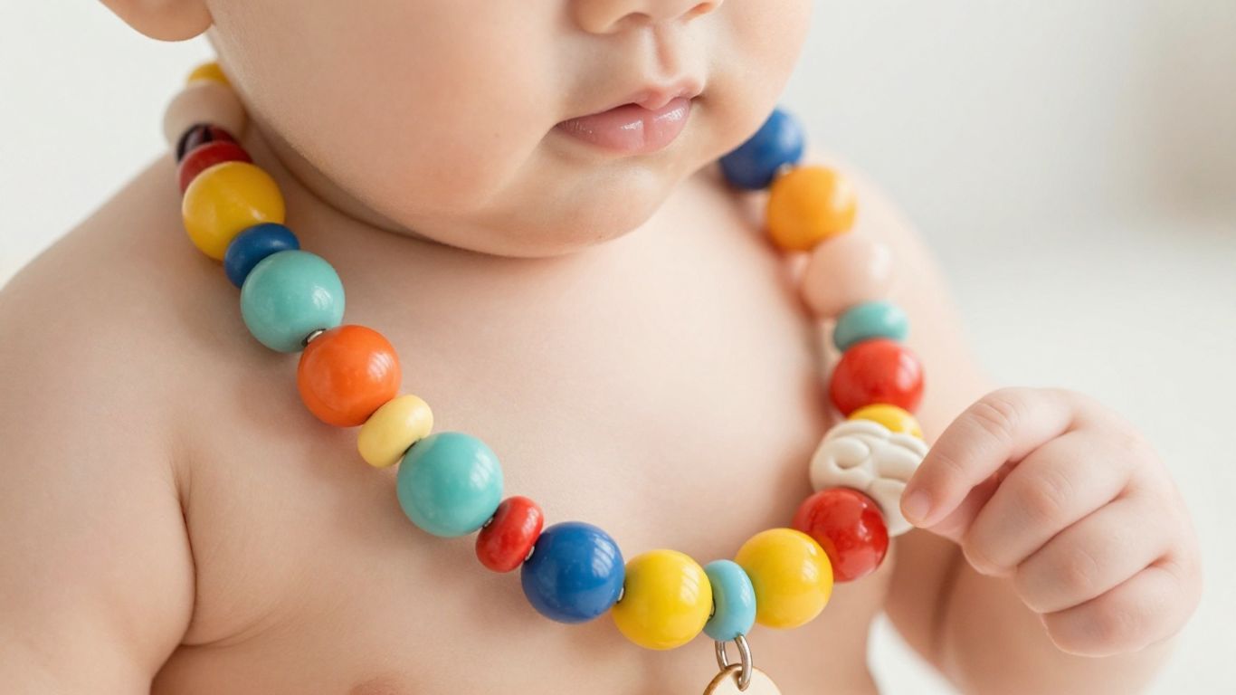 Bebé usando un collar mordedor de cuentas coloridas.