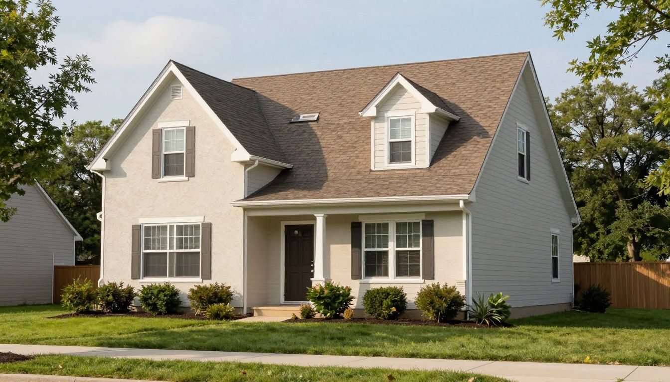 Photorealistic Illinois suburban home with a clean restored stucco exterior, subtle warm finish, professional residential setting, natural afternoon light, no people, text, or logos