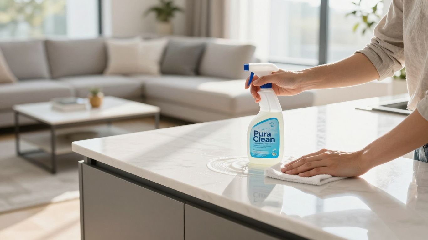 Sparkling clean living room with sunlight and Pura Clean product.