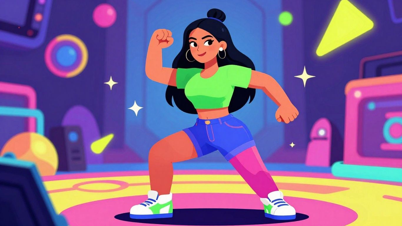 [Kim Kardashian] in a colorful, game-like entertainment scene.