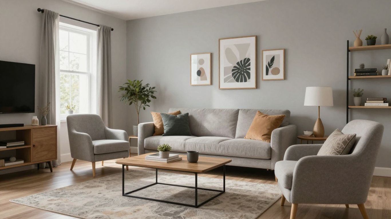 Stylish living room with modern furniture for Airbnb.