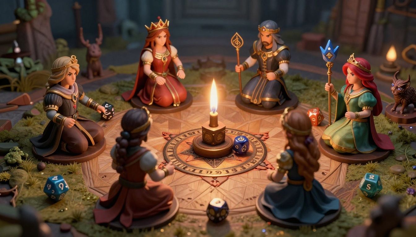 Tabuleiro de fantasia de Rune Dice com dados rúnicos, heróis e criaturas mágicas em uma batalha estratégica
