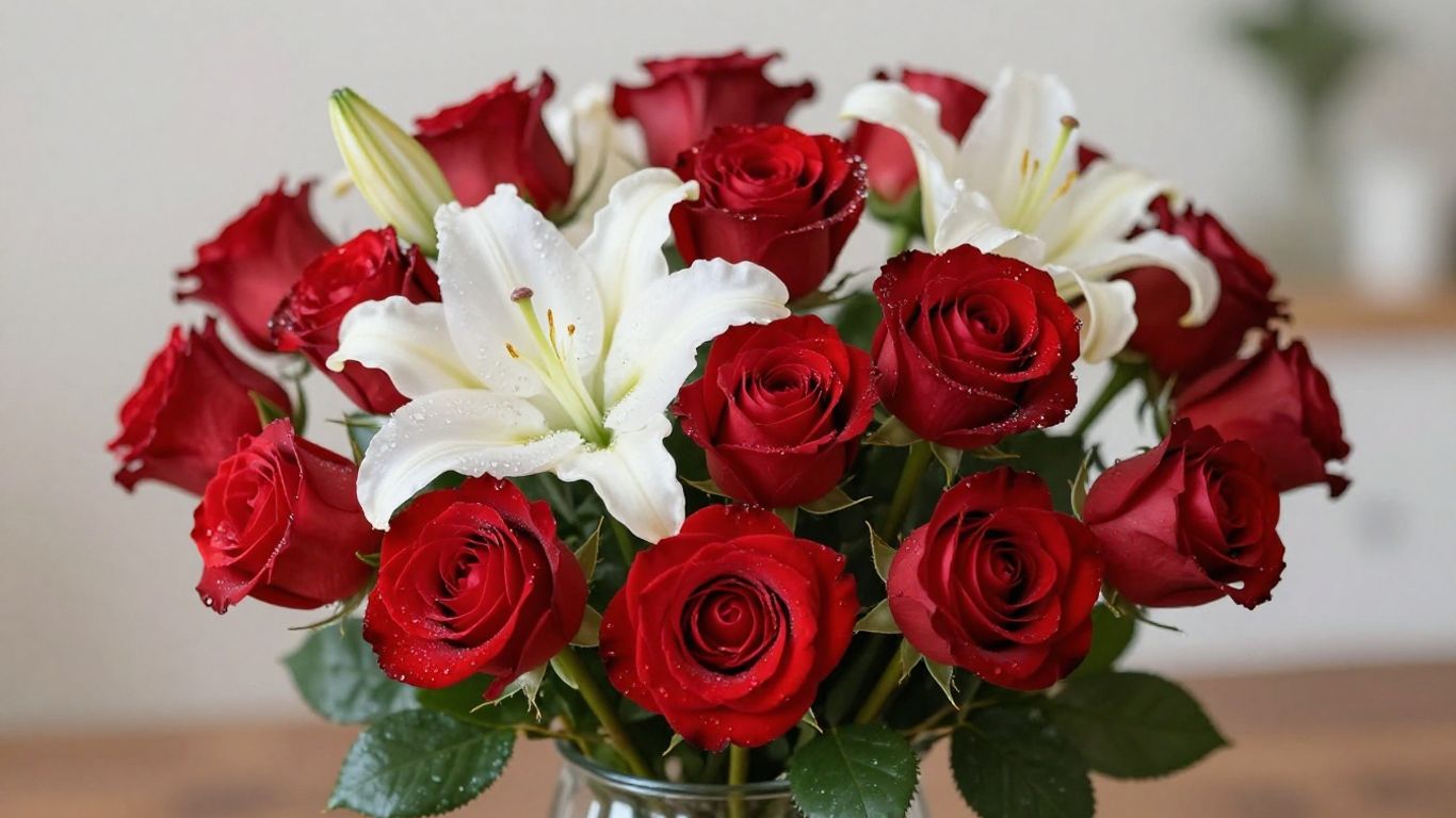 Anniversary flower bouquet with roses and lilies.