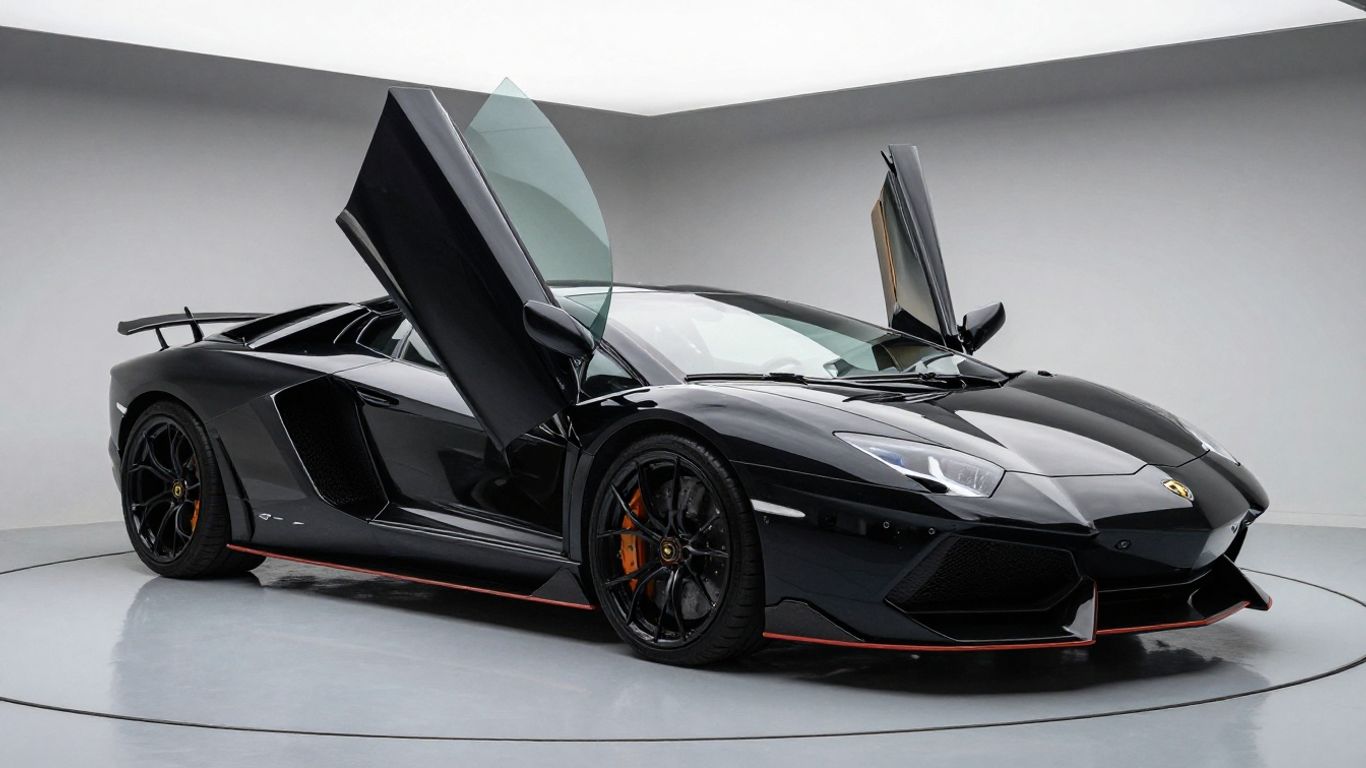 Black Lamborghini Aventador in a modern garage.