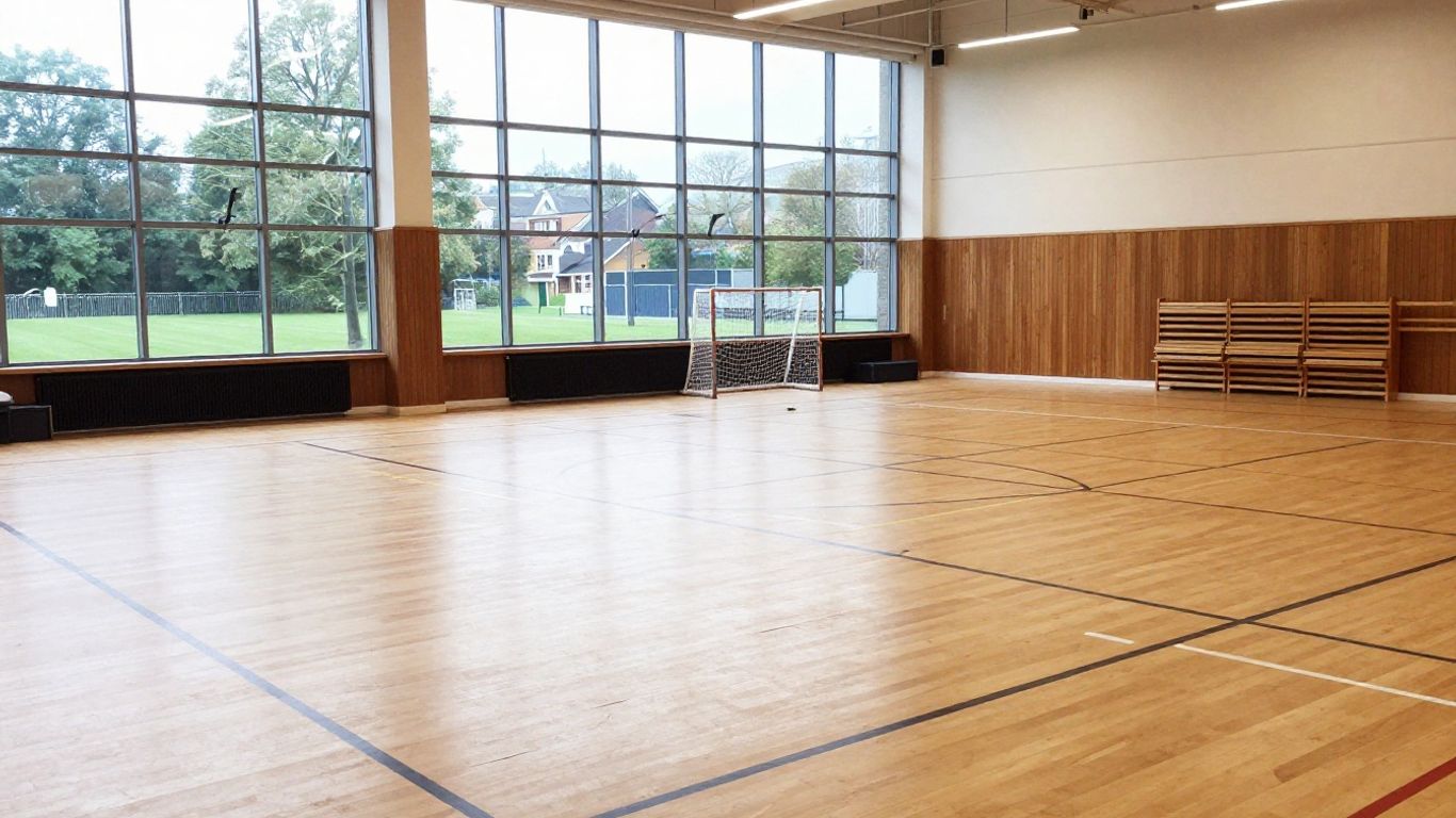 Freshly refinished sports hall floor ready for community use