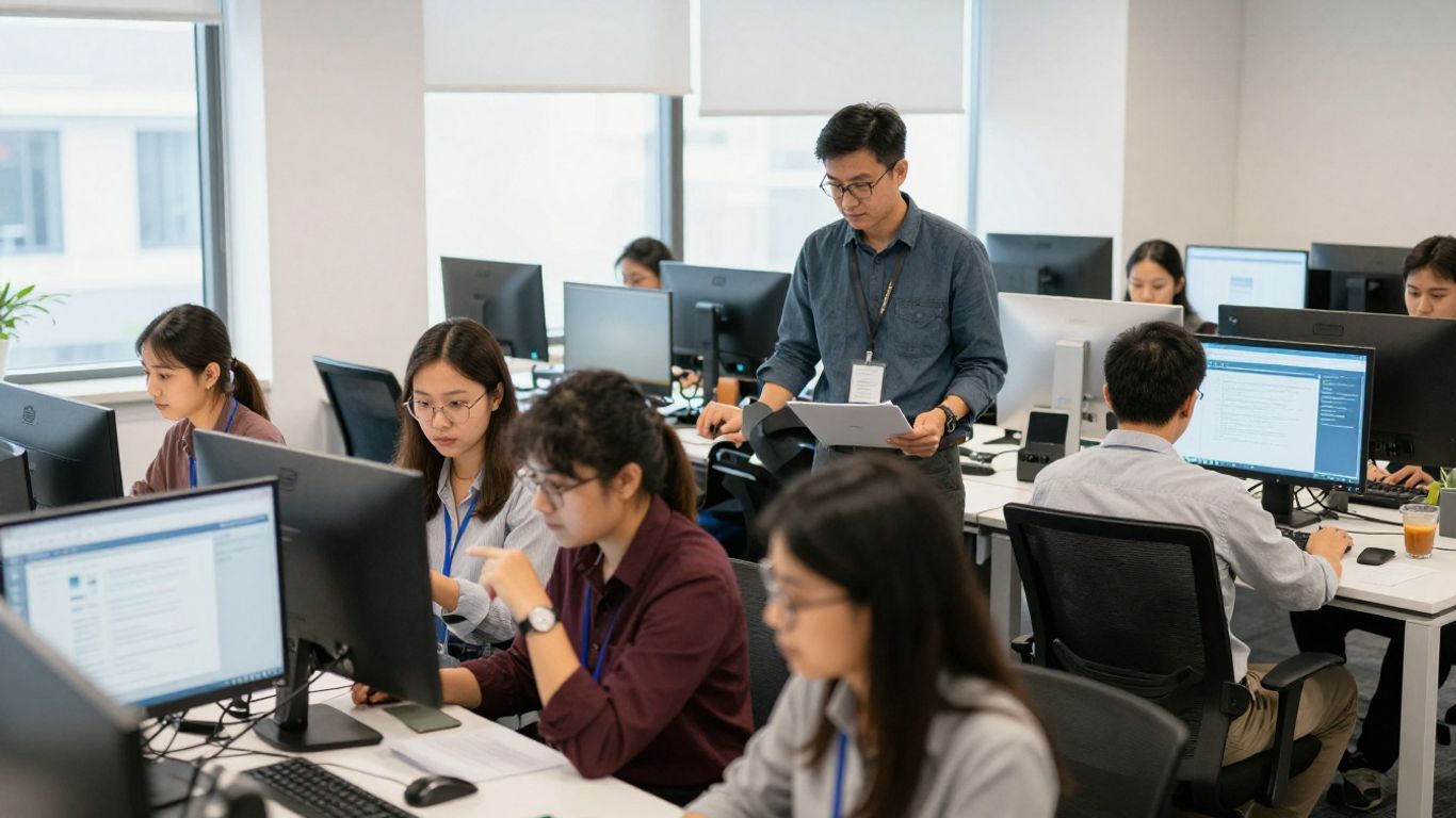 Modern office team discussing IT support in workspace