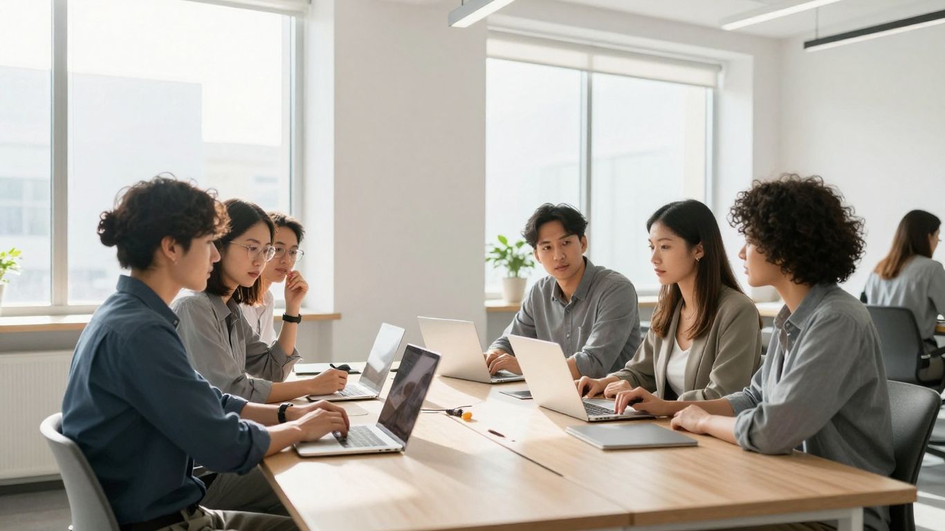 Huma startup team working in a bright, modern office.