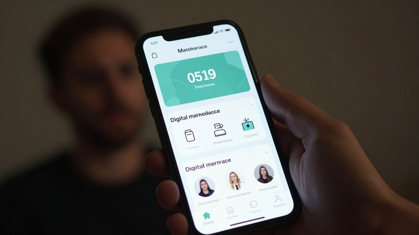 Smartphone mit Kleinanzeigen-App und besorgter Person im Hintergrund.