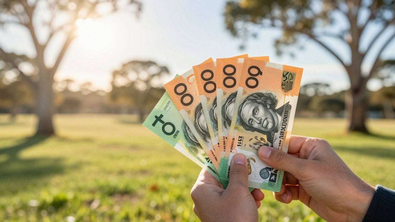 Australian person holding Australian dollars in sunny landscape.