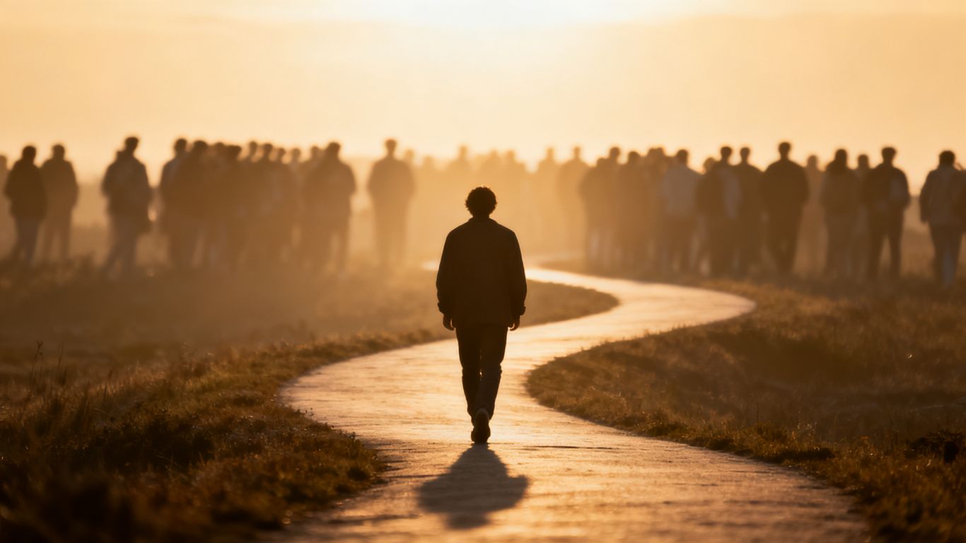 Person walking away from a crowd towards light.