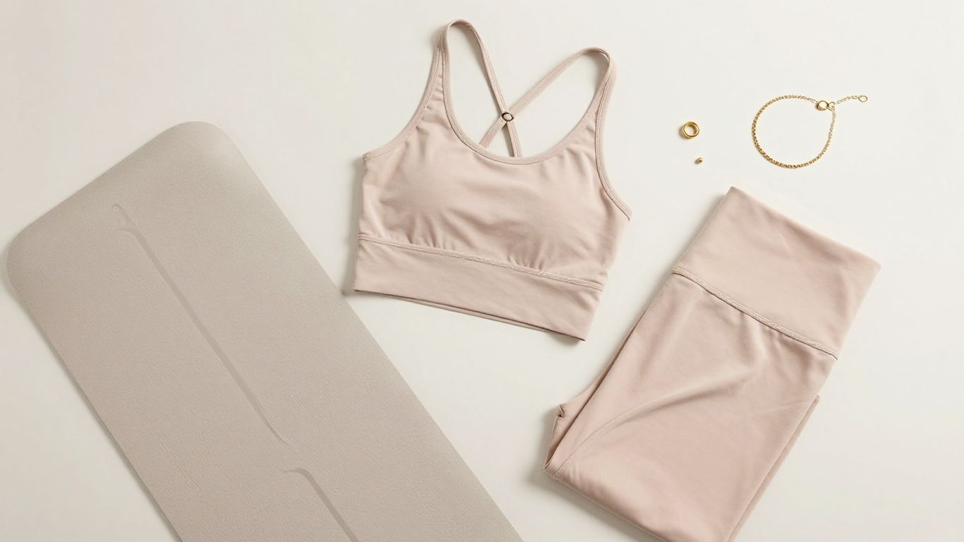 Pastel Pilates outfit and accessories flat lay.