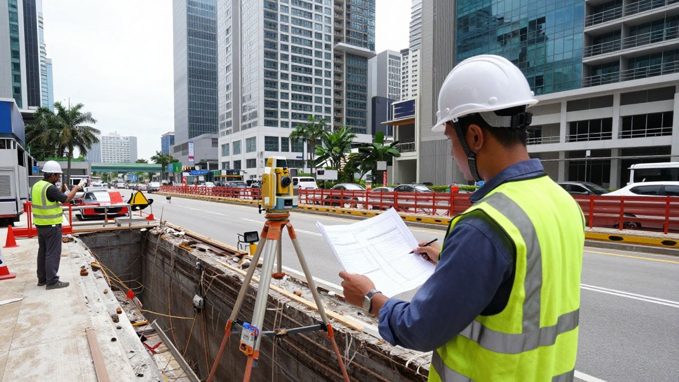Engineers reviewing excavation plans beside site instruments