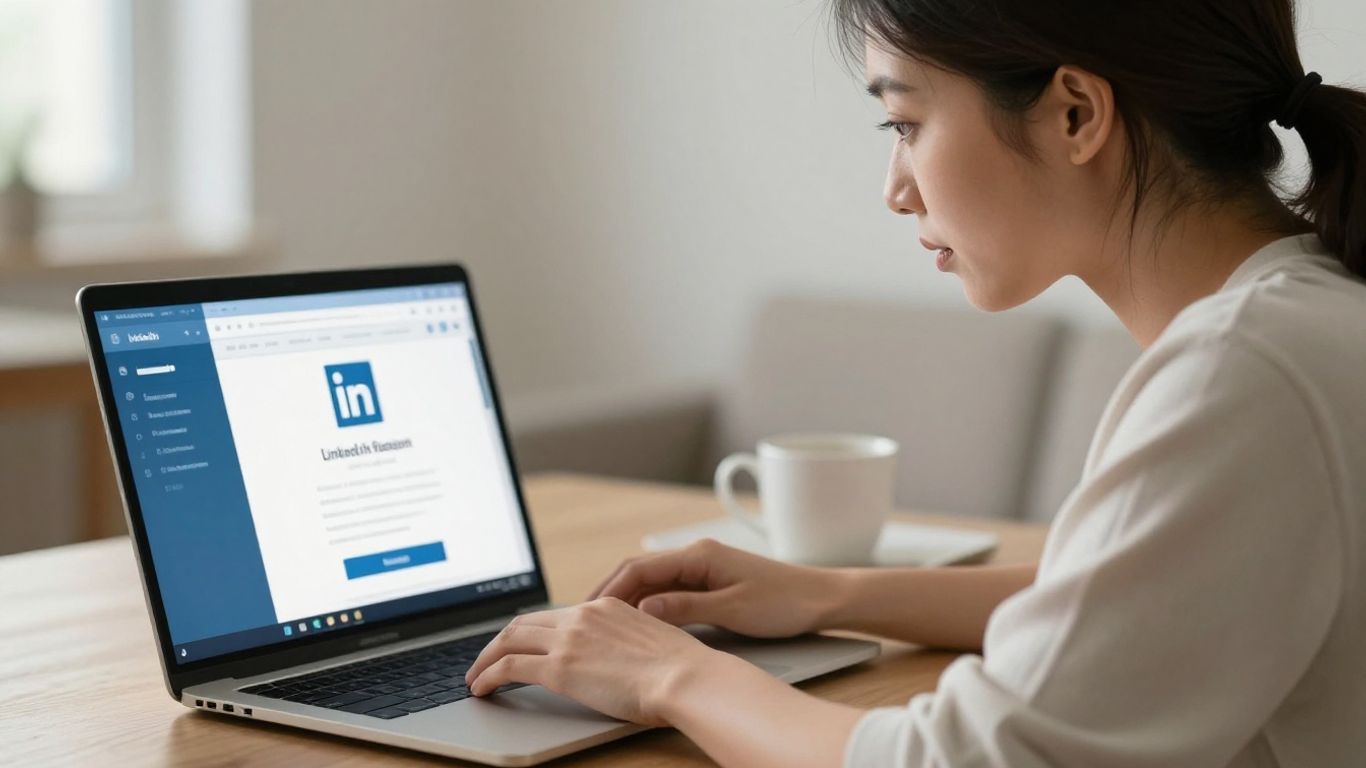 Woman studying LinkedIn profile on laptop.