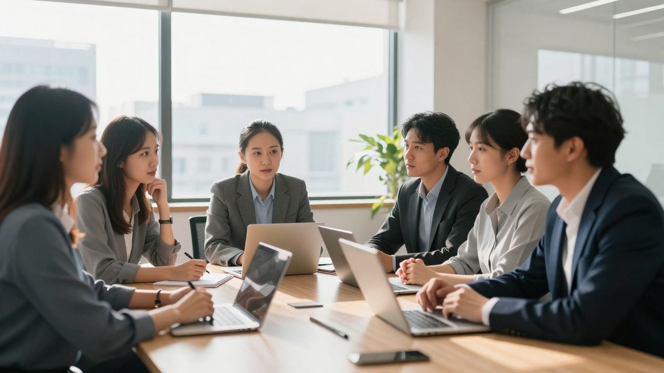 Professionals collaborating in a bright, modern office space.