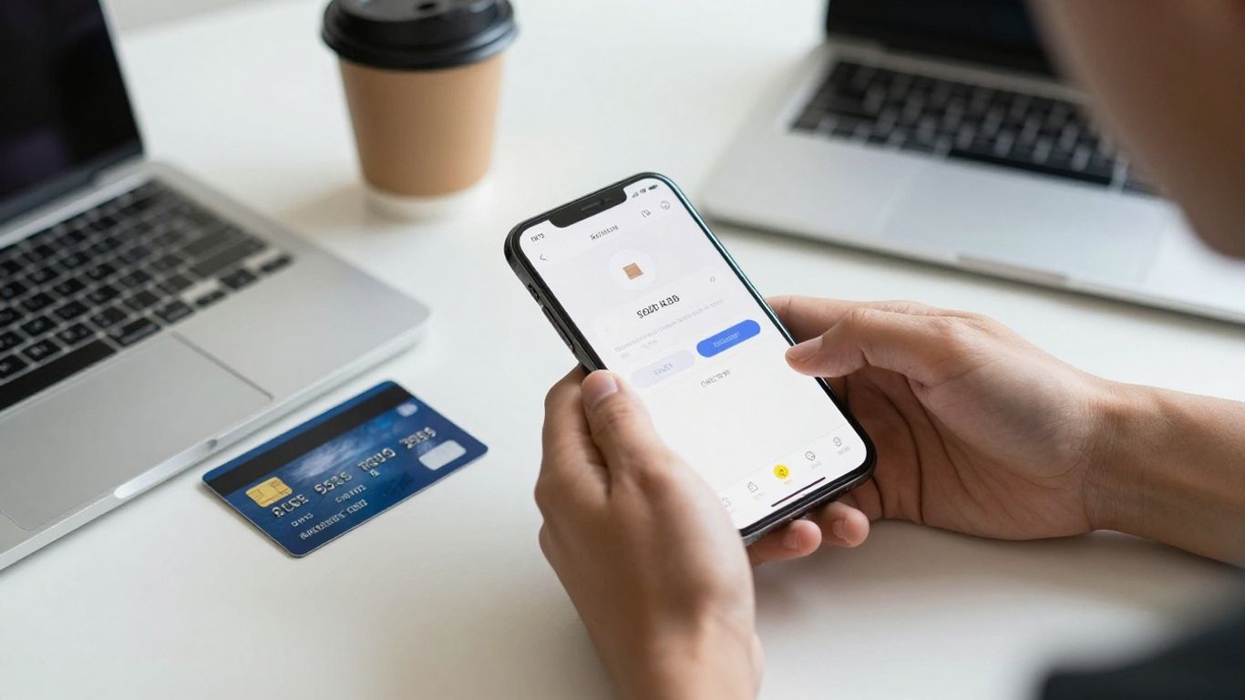 Persona usando una tarjeta y revisando pagos en el teléfono