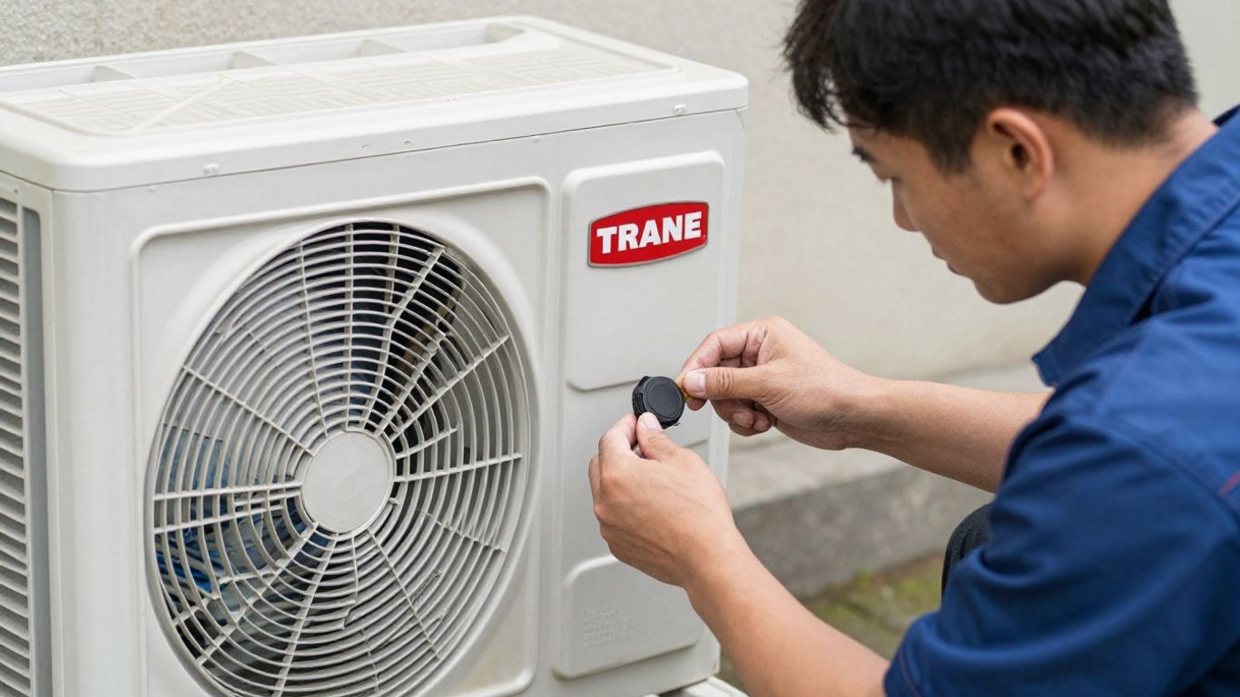 Trane AC unit being repaired by a technician.
