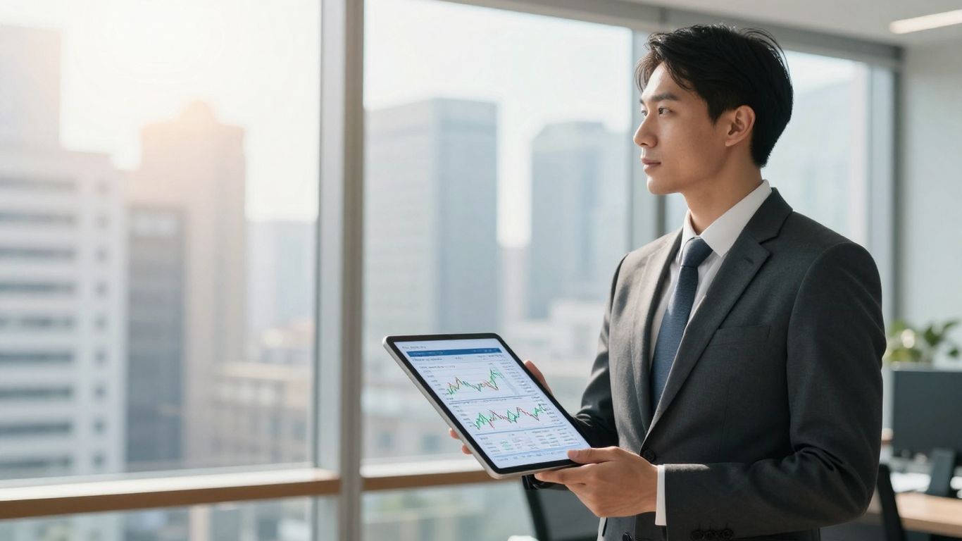 Stock broker in office with city view.