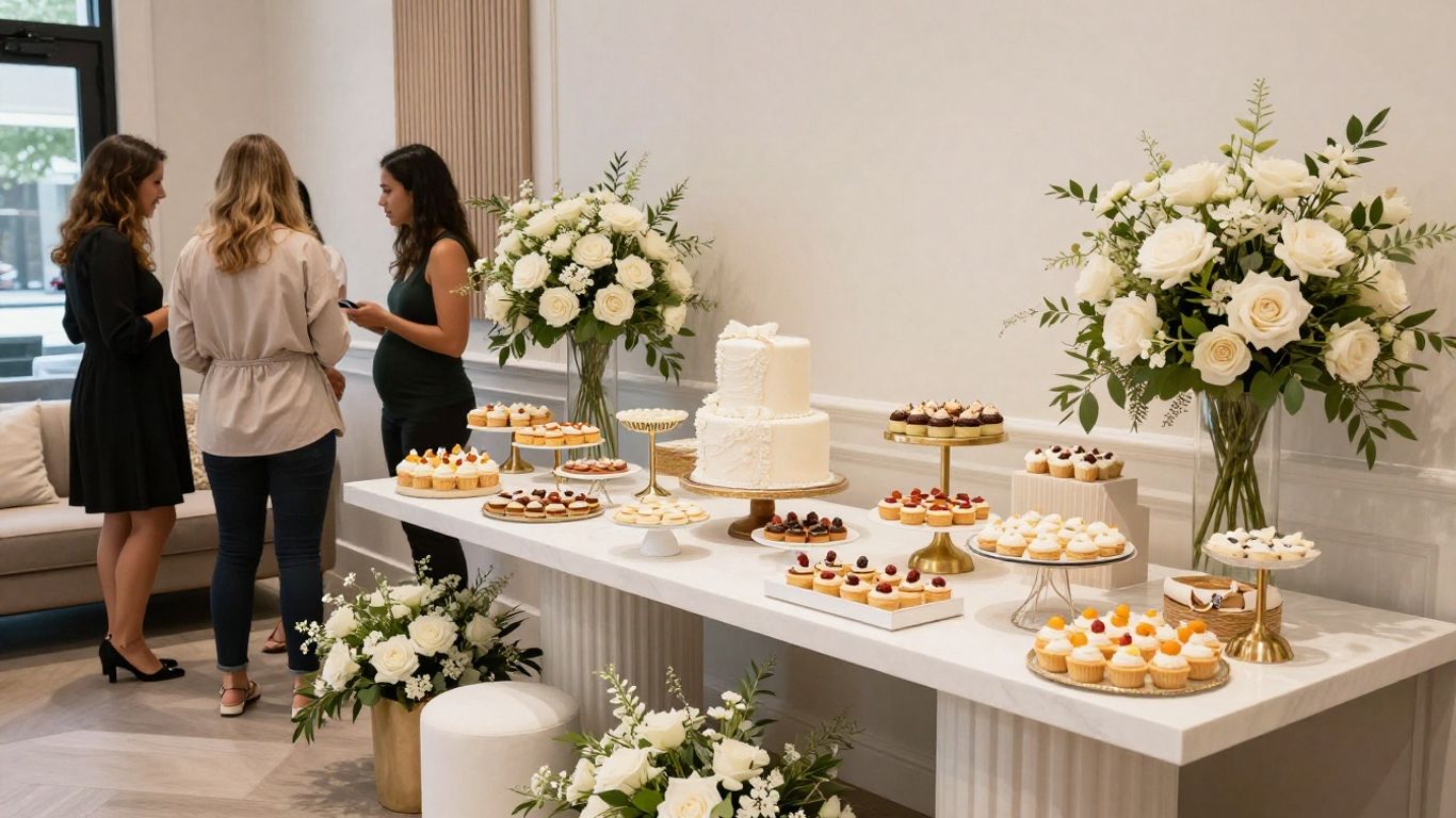 Elegant Dallas baby shower venue with floral decor and dessert table.