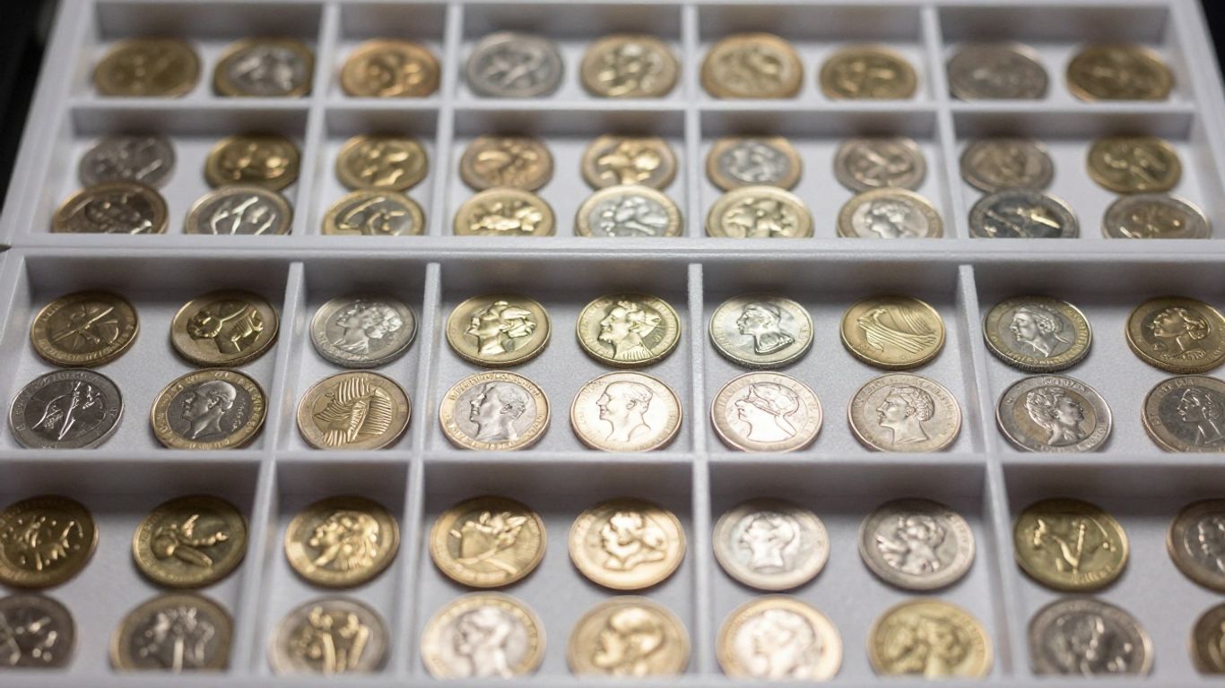 Organized coin collection in a display case.