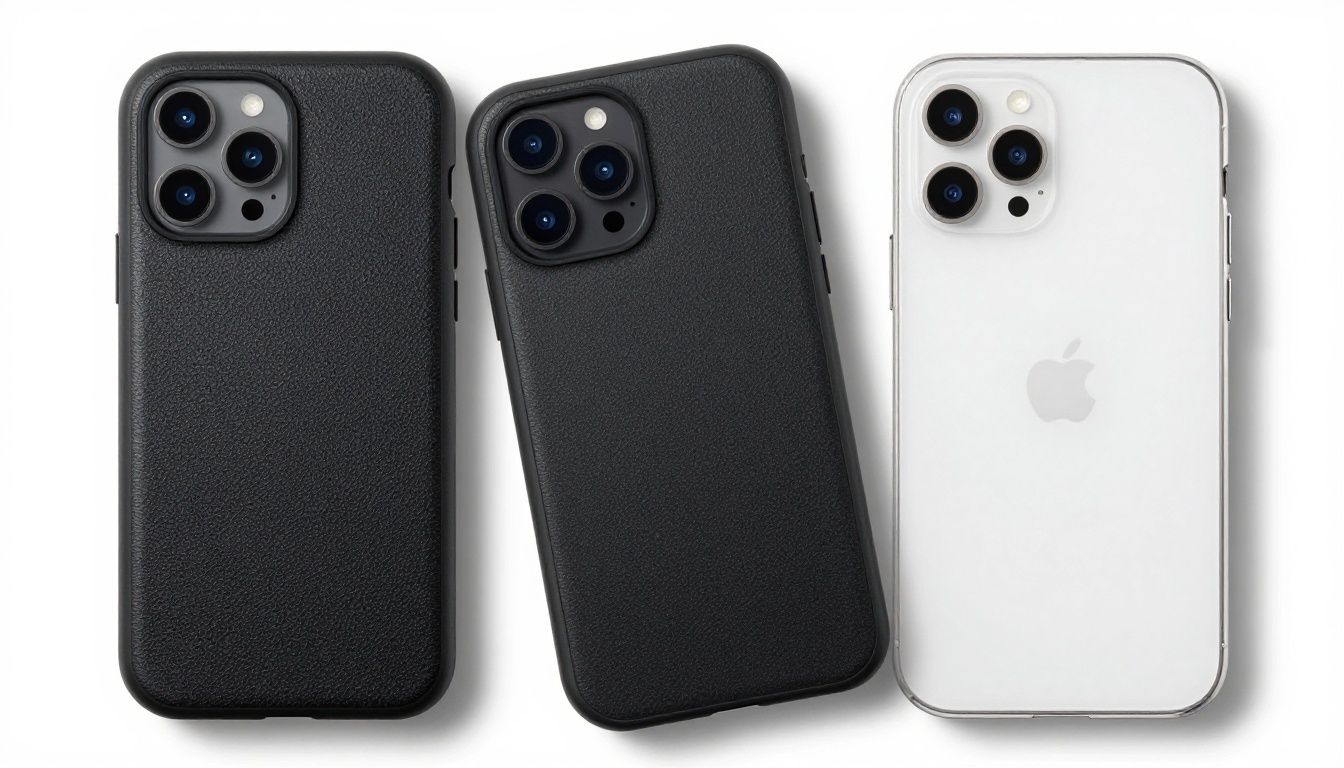 A close-up, side-by-side comparison of a premium, textured black phone case and a simple, smooth clear phone case.