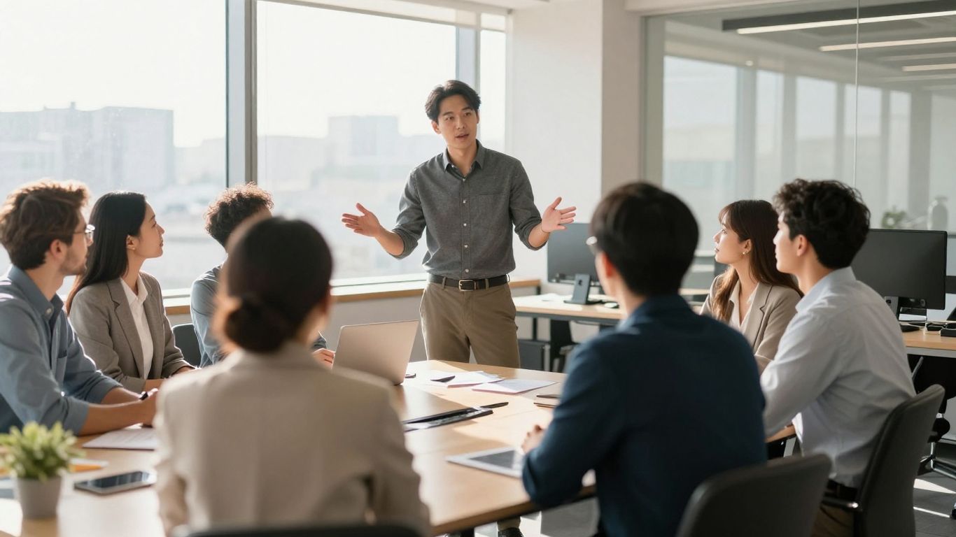Fractional executive leading a strategic discussion in a modern office.