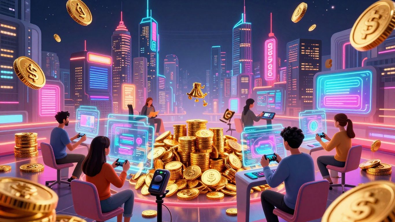 Futuristic city with gamers earning billions in 2026.