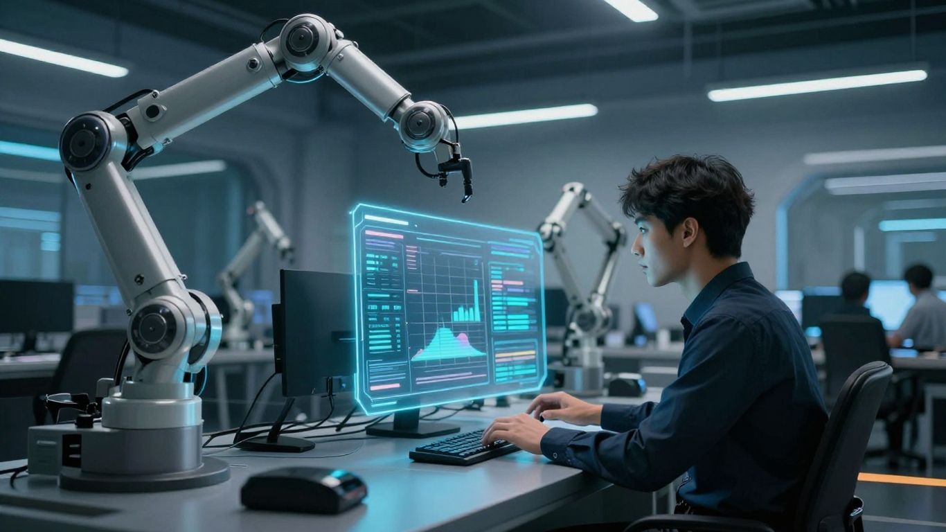 Journaliste travaillant avec une IA dans une salle de rédaction futuriste.