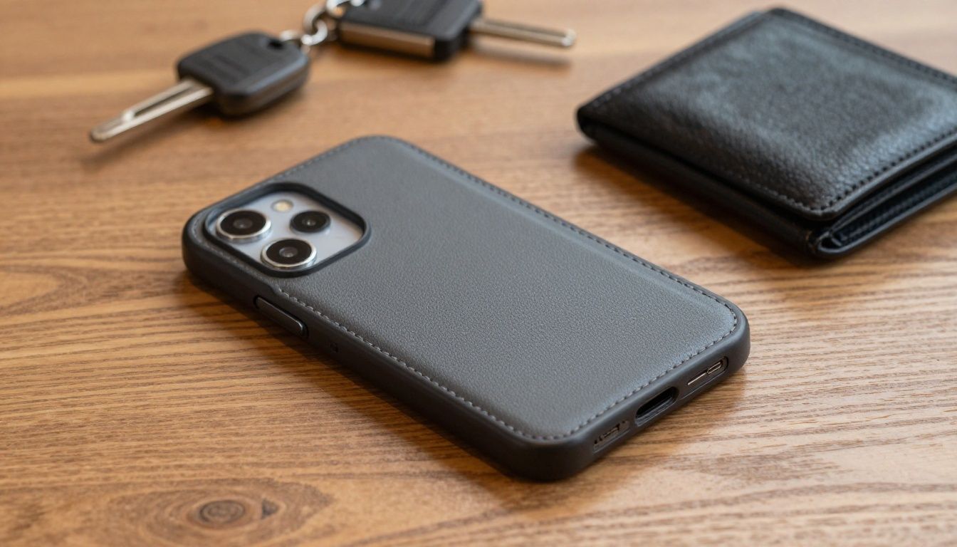 A Galaxy S25 Edge in a sleek wallet case, sitting on a wooden cafe table next to a wallet and keys, showing a practical, everyday scene.