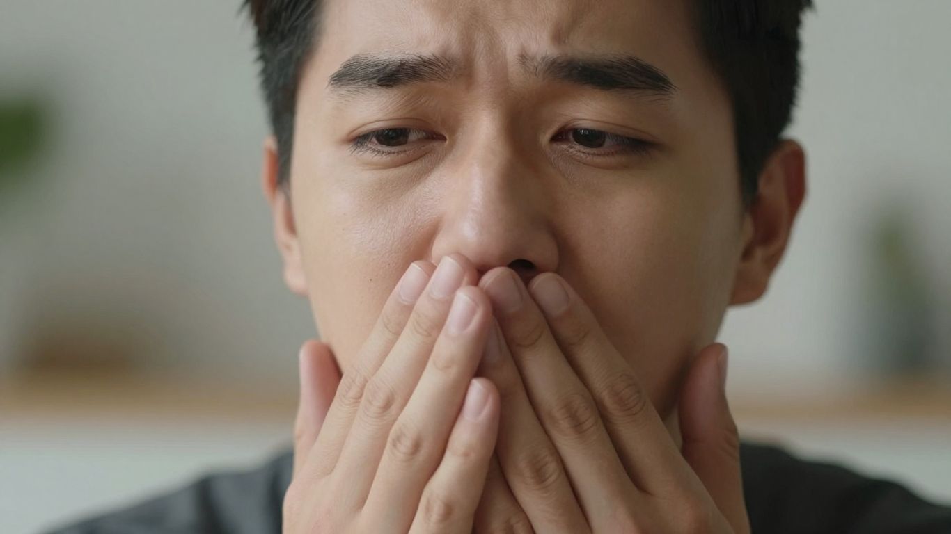 Person holding hand to mouth, concerned about breath.